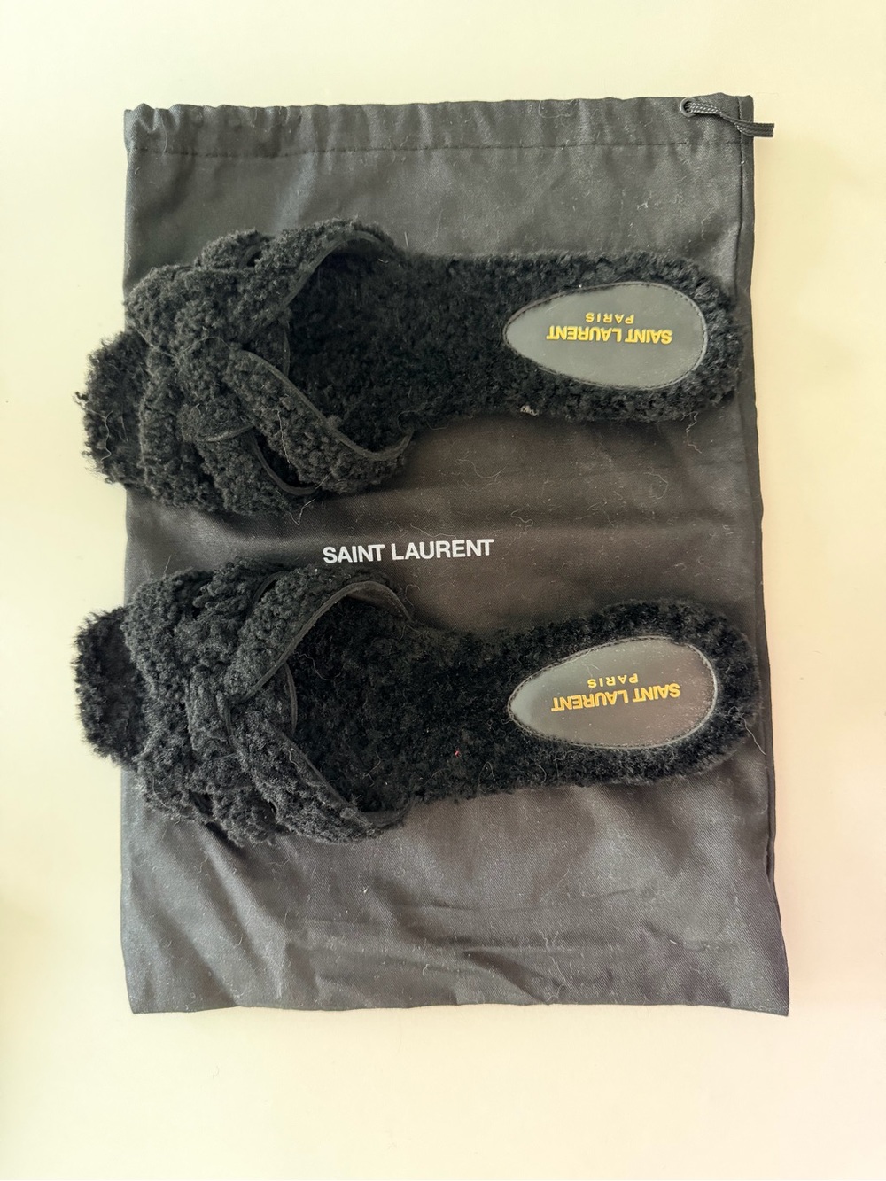 Saint Laurent Black Faux-Shearling Cross-Band Slides